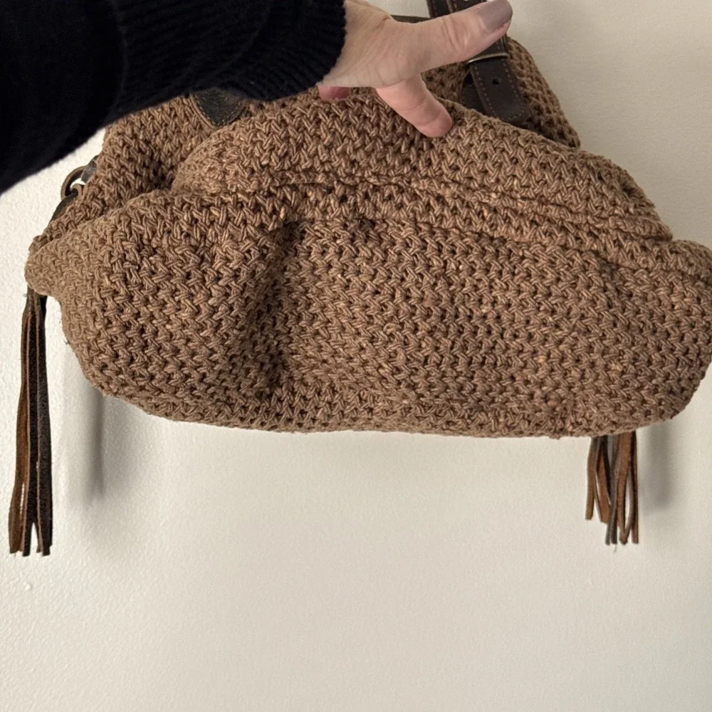 Bonfanti Purse Crochet Wool Knit Handbag Brown Leather Bag Indie‎ Hippie Italy